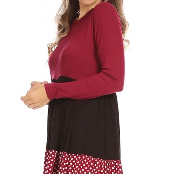 NEW! Boho Women's Babydoll Long Sleeve Ruffle Color Block Swing Dress Polka Dot - Picture 3 of 4